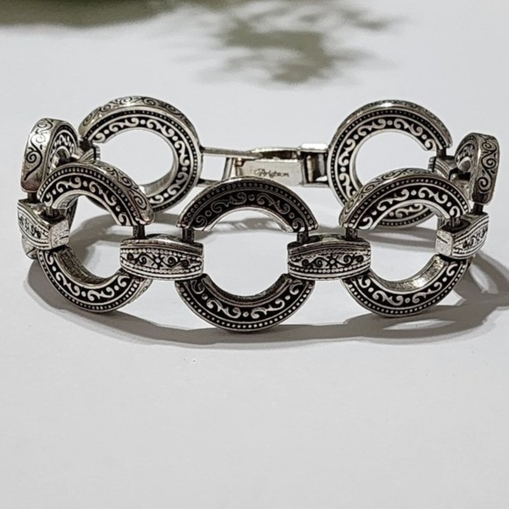 Brighton Central Park Silver Tone Scroll Filigree Circle Link Bracelet Chunky